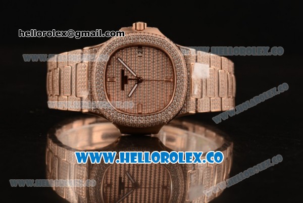 Patek Philippe Nautilus Miyota 9015 Automatic Diamonds/Rose Gold Case with Diamonds Dial and Sapphire Crystal Markers (AAAF) - Click Image to Close